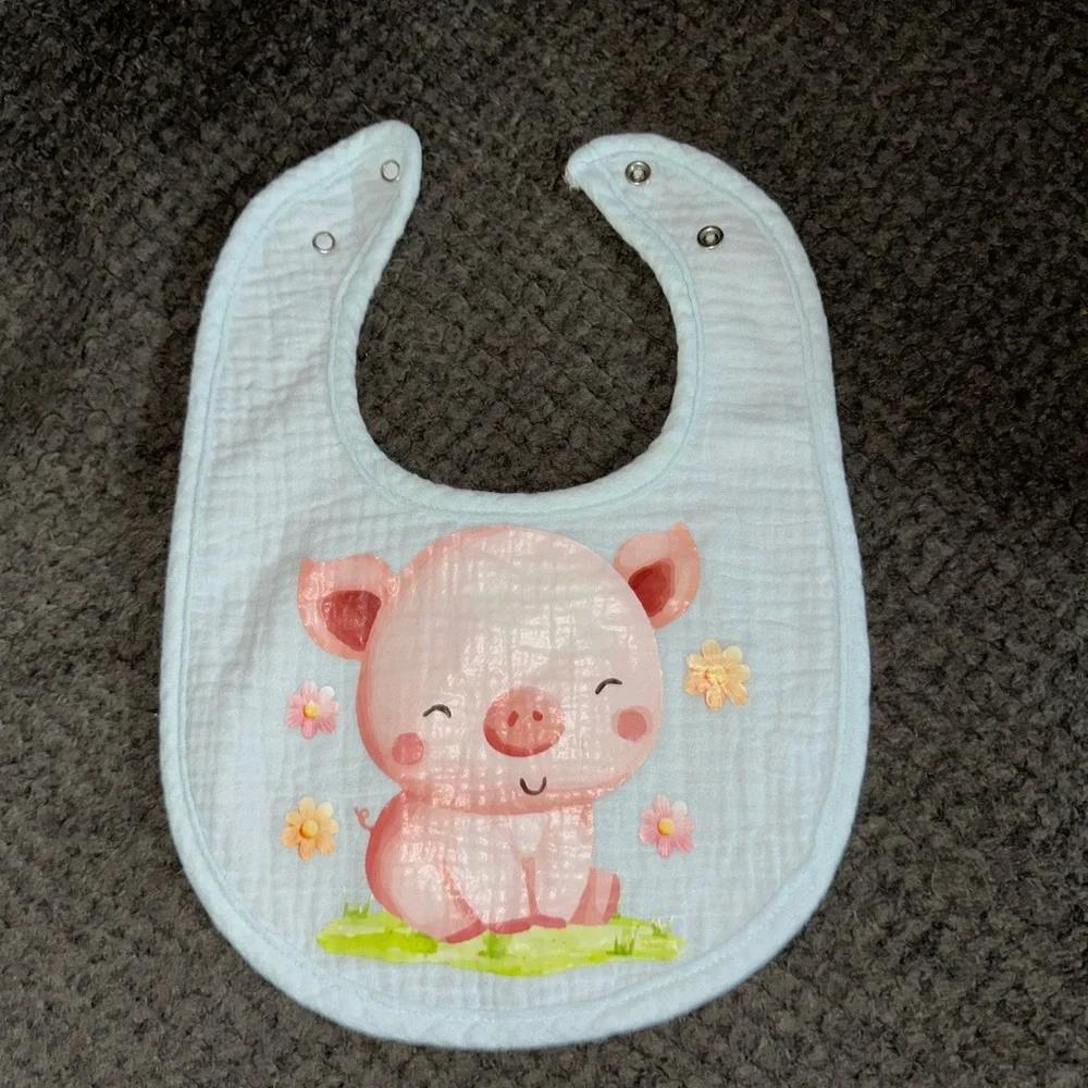 NEW Handcrafted Light Blue Baby Bib with Pink Piglet Design - Kids Accessories